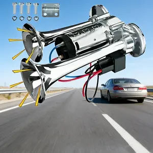 130DB Automotive Super Loud Dual Trumpet Air Horn Kit with Built-in Compressor, 12V Universal Heavy-Duty Weather-Resistant Zinc Alloy Chrome, Easy DIY Upgrade for Truck, Vehicle, Car Siren Horn