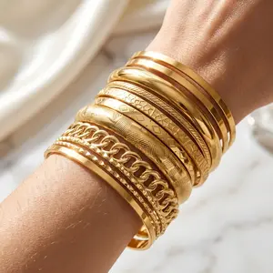 Stackable Gold Plated Bangle Set for Women – Multi‑Layer Textured Indian Bangles, Chunky Boho Jewelry