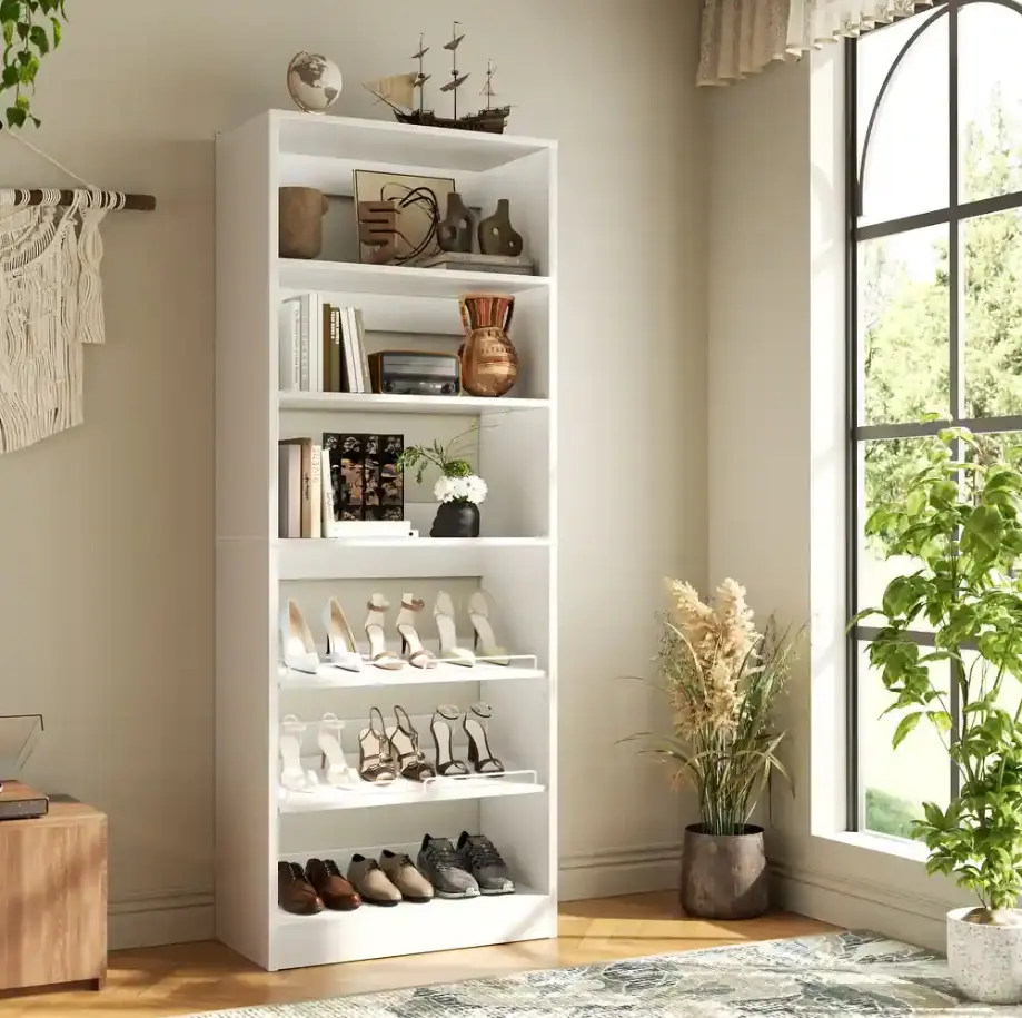 25-in W Engineered Wood Walk-in Closet Organizer - Stable Multifunctional Closet System with 6-Tier Tower Shelves, Adjustable Shoe Rack, Open Display Cabinet, Water Resistant, Holds Above 25 kg, Requires Assembly