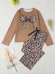 Autumn Winter New Leopard Print Bowknot Long Sleeve Pajama Set, Soft Breathable Fabric, Casual Round Neck Two-Piece Home Wear