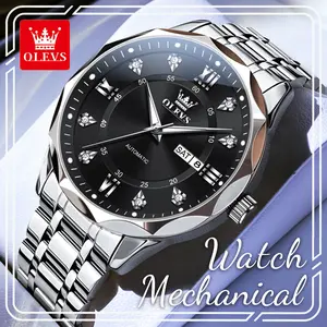 OLEVS 6727 Men's Automatic Mechanical Watch, Classic Low-Key Black Dial, Luminous Waterproof Premium Stainless Steel Wristwatch with Day-Date Function, Luxury Business Casual Watch for Men