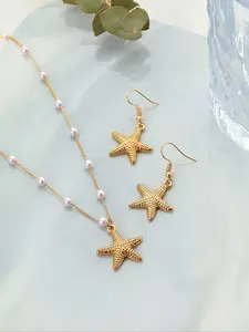 Women's Summer Beach Jewelry Set, Imitation Pearls Ocean Style Starfish Motifs Pendant Necklace & Earrings, Perfect for Vacation Travel Casual Wear