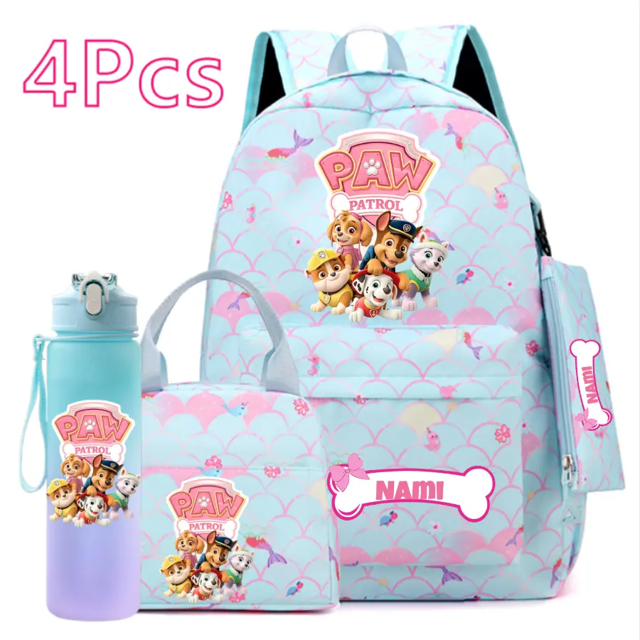 Paw Patrol 4PCS Backpack Customers Set for Girls Kids School Bag Lunch Tote Pencil Case Water Bottle Personalized Gift