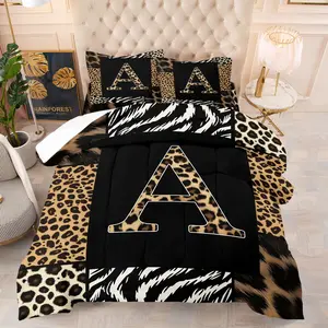 Multiple Size 3Pcs Initial Monogram Leopard Bedding Set Zebra Animal Print Comforter Set, Soft Thick Microfiber, Cozy Warm Lightweight Breathable, All Season Use, Rustic Bedroom Guest Room Dorm Home Decor