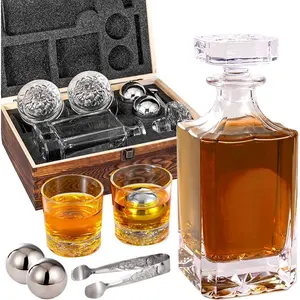 Whiskey Decanter Set with Wooden Box, Lion Whiskey Glasses 10 oz and 25 oz Bourbon Decanter Set with 18/10 Stainless Steel Whiskey Stones, Tongs, Whiskey Gifts for Men Husband Dad Wedding
