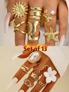 Elegant Geometric Knot Star Sun Faux Pearl Layered Metal Ring Set, Unique Statement Stackable Rings, Vintage Style Jewelry, Fashion Rings, Imitation Pearl Ring, Perfect for Parties Dates Gifts