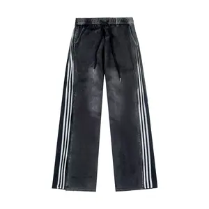 Flooo Loose Washed Sweat Jeans Pants Women's Wear with Drawstring & Ripped Design Wide Leg Comfortable Stylish Machine Washable