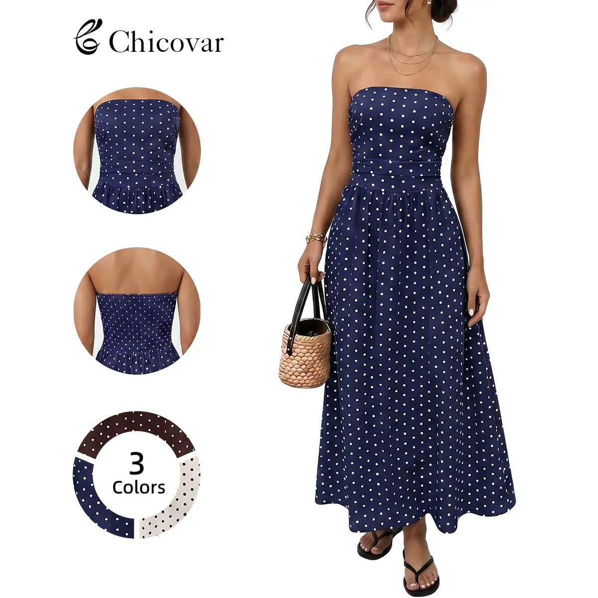 Chicovar Women's Polka Dot Strapless Maxi Dress, Flowy Summer Dress, Chic Smocked Back, A-Line, Casual, Vacation Beach Dress, Summervibes, Sohochic