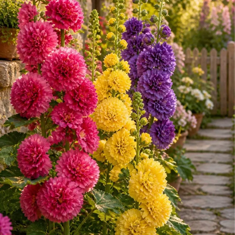 Hollyhock Seeds - Vibrant Pink Yellow & Purple Blooms for Gardeners - Perfect for Adding Color to Your Outdoor Space