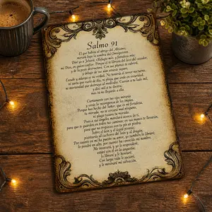 Religious Aluminium Psalm 91 Metal Sign Spanish Bible Verses Wall Art Faith Focused Household Decor for Bedroom Living Room Ornaments with Superhero Mythical Creature & Batman-like Figure Design,summervibes