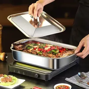 Commercial Stainless Steel Fish Grilling Pan Deep Rectangular Non-Stick Seafood Platter with Lid and Handles for Baking Fish Meat Vegetables Dishwasher Safe, Perfect for Seafood and Baked Goods