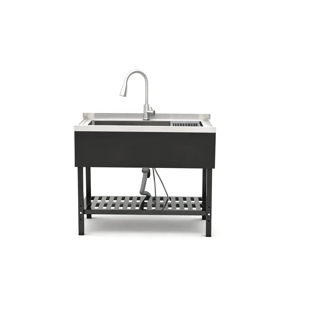 40x24x34 In Modern Stainless Steel Sink, Durable Freestanding Rectangular Engineered Wood-Utility Tub, Black-Silver Large Single Bowl with Pull-Out Tap, Bottom Storage Grille for Laundry Room, Garage (Space-Saving Design)
