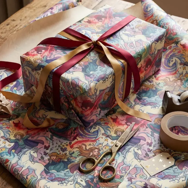 Gift Wrapping Paper Roll, Magical Unicorn & Wizard Fantasy Wrap, Pastel Rainbow Stars Butterflies