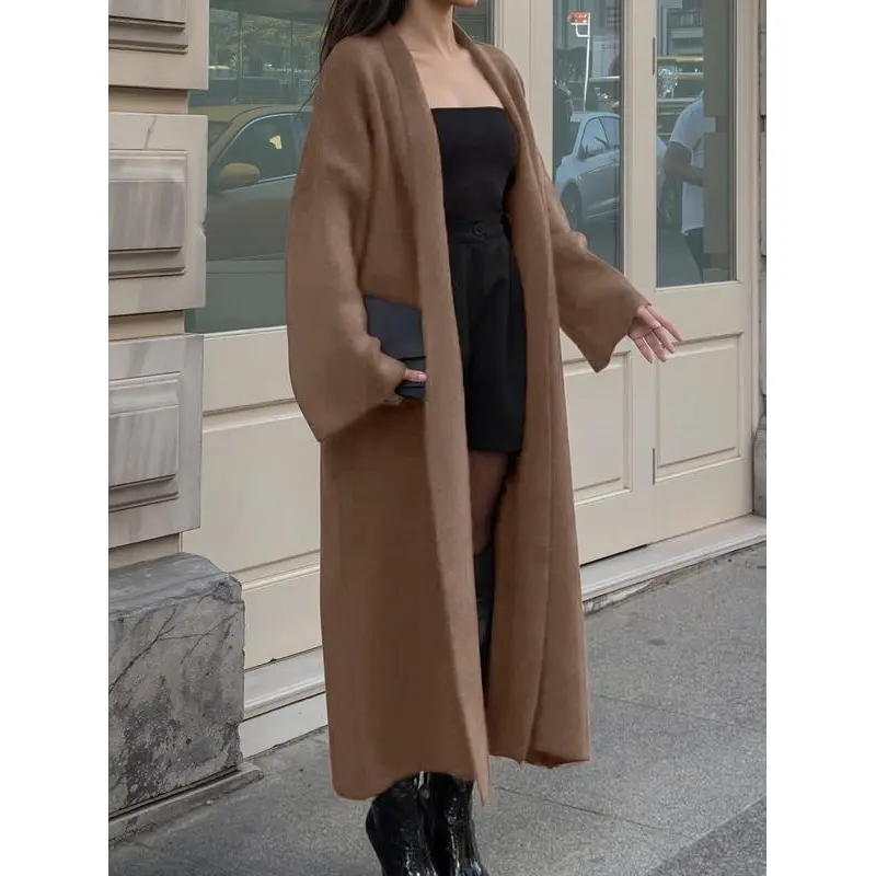 Womens Long Sweaters Cardigan Warm Thick Open Front Lapel Knit Coatigan for Women Mid Length Jacket Long Blazer Coat