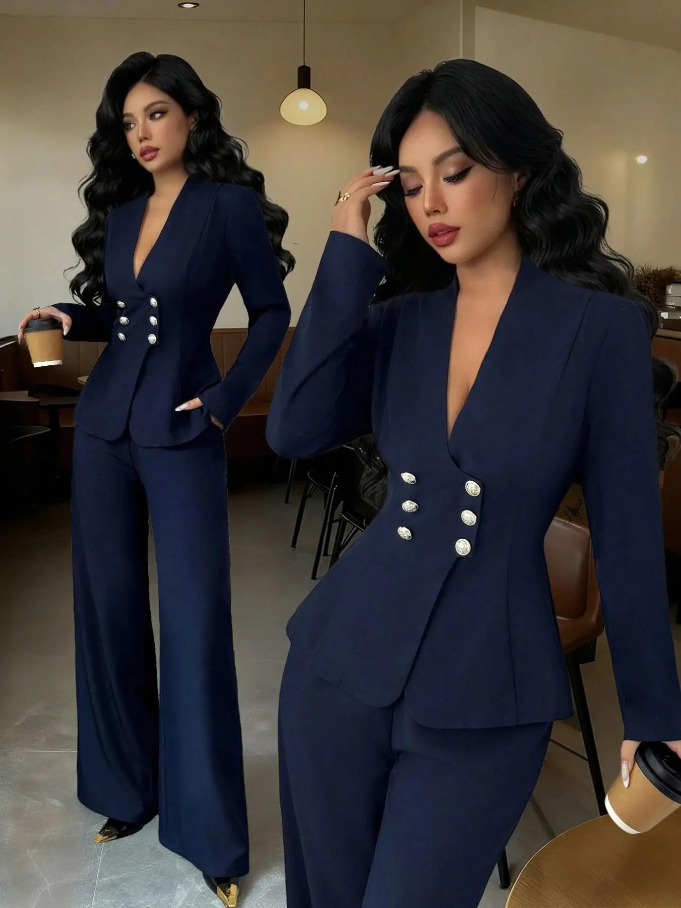 Women's Two-Breasted Button Long Sleeve Suit Jacket + Wide Leg Pants Set, Elegant Chic Office Two-Piece, Professional Business Wear, Elegance