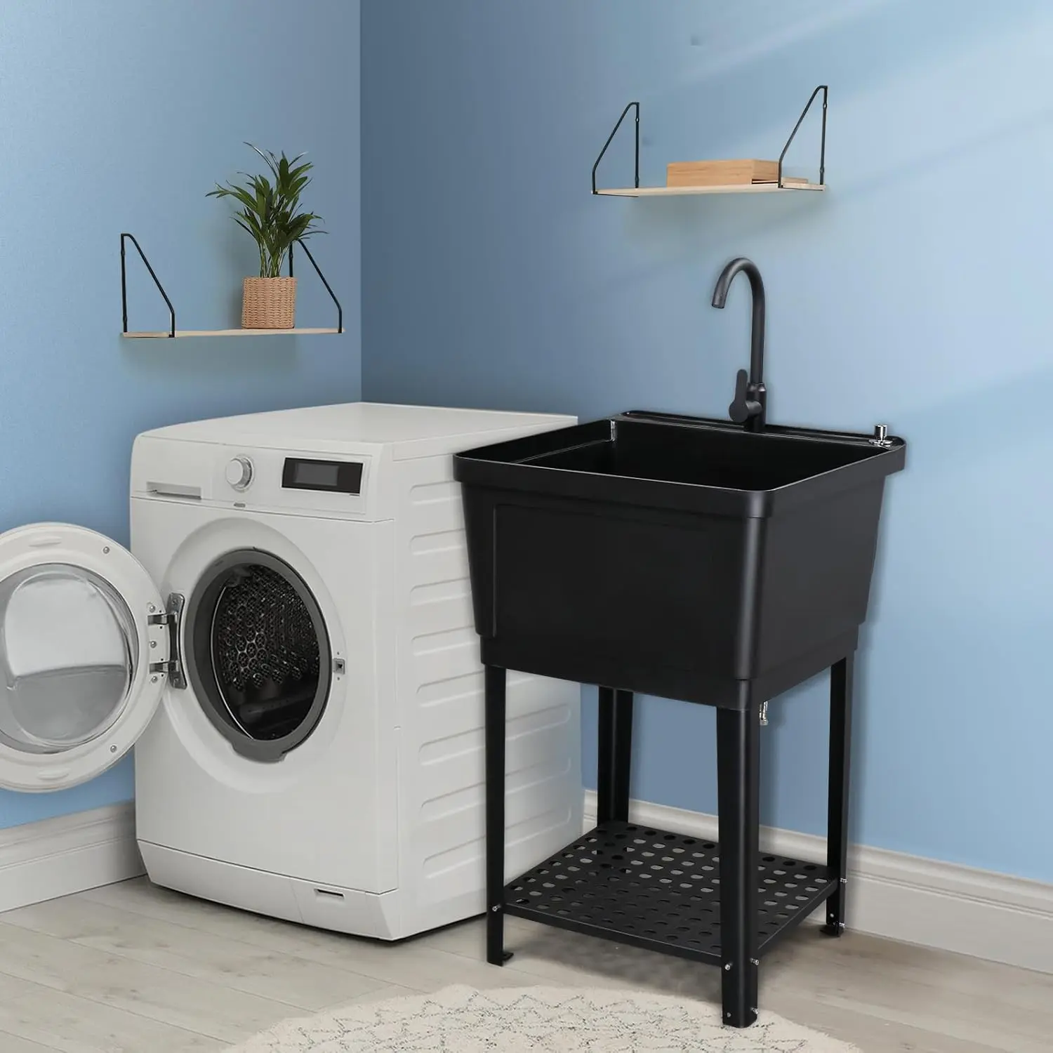 ROVSUN Plastic Utility Sink, Freestanding Sink with Hot&Cold Faucet, Soap Dispenser, Drain Plug and Iron Legs with Storage shelf, Perfect for Basement, Laundry Room, Garage, Black 23.6"×23.6"×36.2"