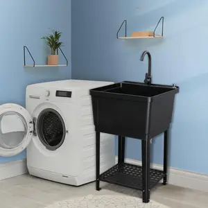 ROVSUN Plastic Utility Sink, Freestanding Sink with Hot&Cold Faucet, Soap Dispenser, Drain Plug and Iron Legs with Storage shelf, Perfect for Basement, Laundry Room, Garage, Black 23.6"×23.6"×36.2" SpringStatements