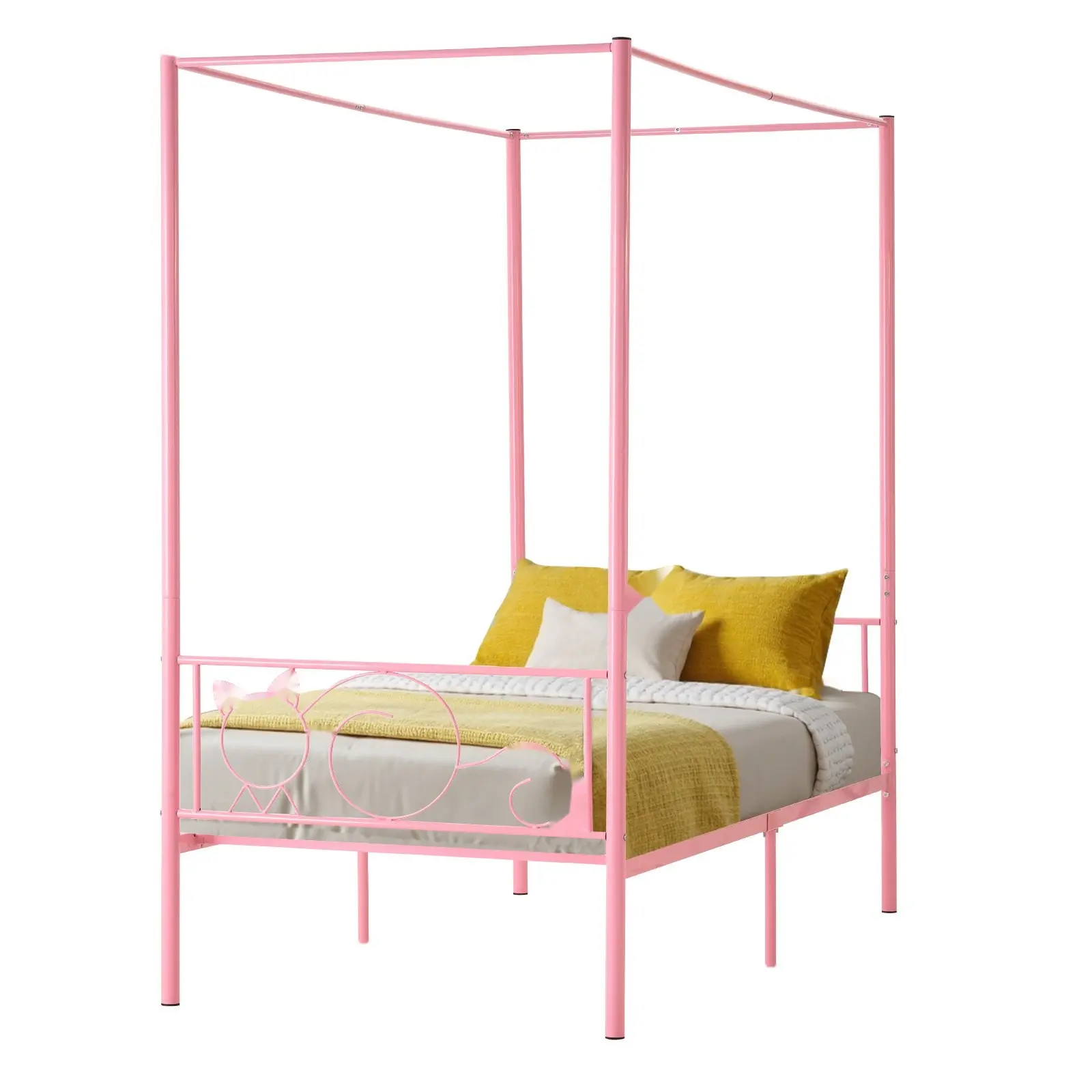 Twin Size Metal Canopy Bed Frame With Headboard, Four Poster Posts, Durable Steel Construction, Slats Included For Easy Assembly, Contemporary Modern Bedroom Furniture, Sturdy Support, Ideal For Small Or Large Rooms