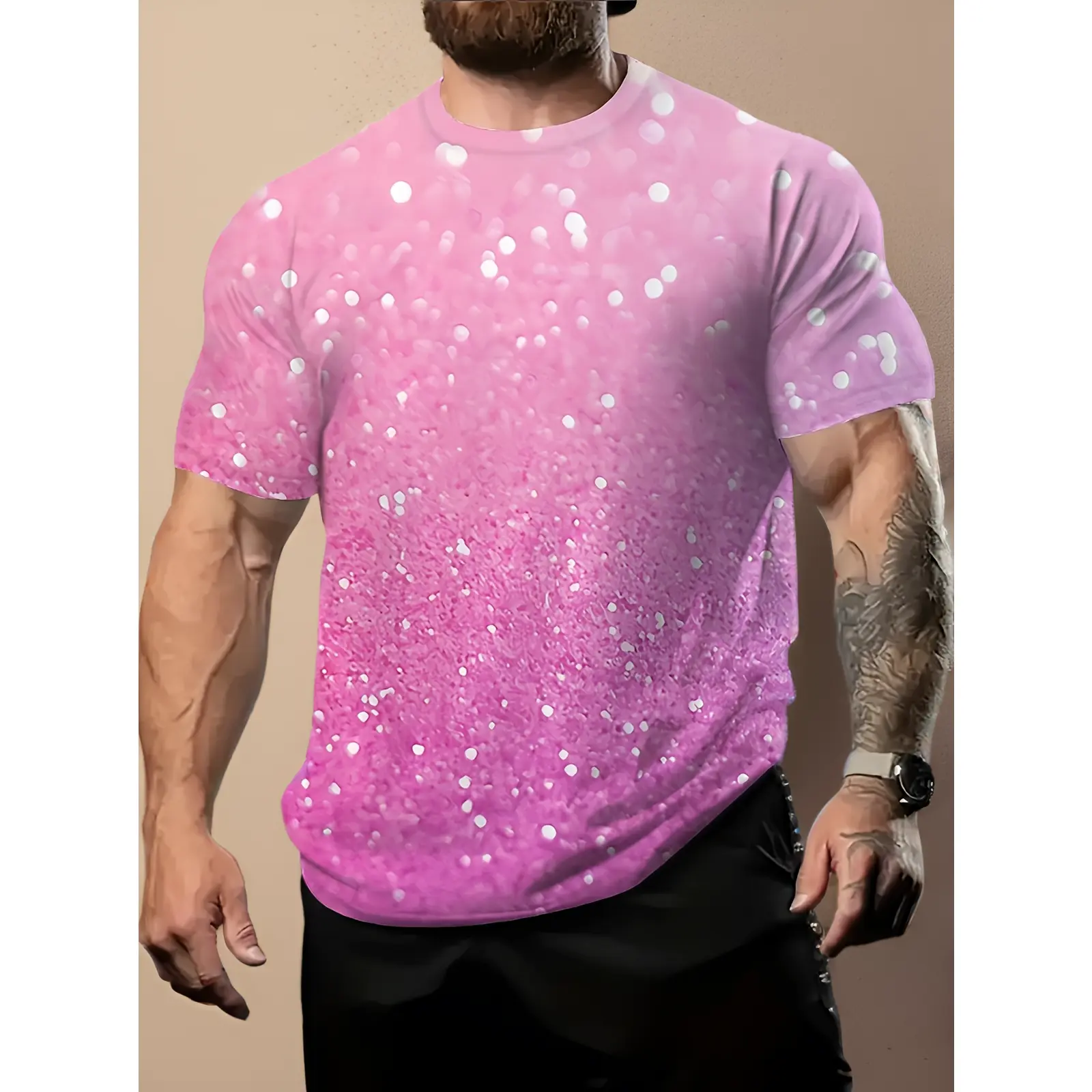 Men's Plus Size Casual T-Shirt - Vibrant Pink with Shiny Sequins, Short Sleeve, Round Neck, Lightweight Stretch Fabric, Summer Wear, Casual Tee| Bright Print T-Shirt| Comfort Fit, Plus Size