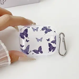 Butterfly Reverie Pattern Protective Case for AirPods 4/3/2/1/Pro/Pro2 Soft TPU Earphone Cover, Transparent with Keychain