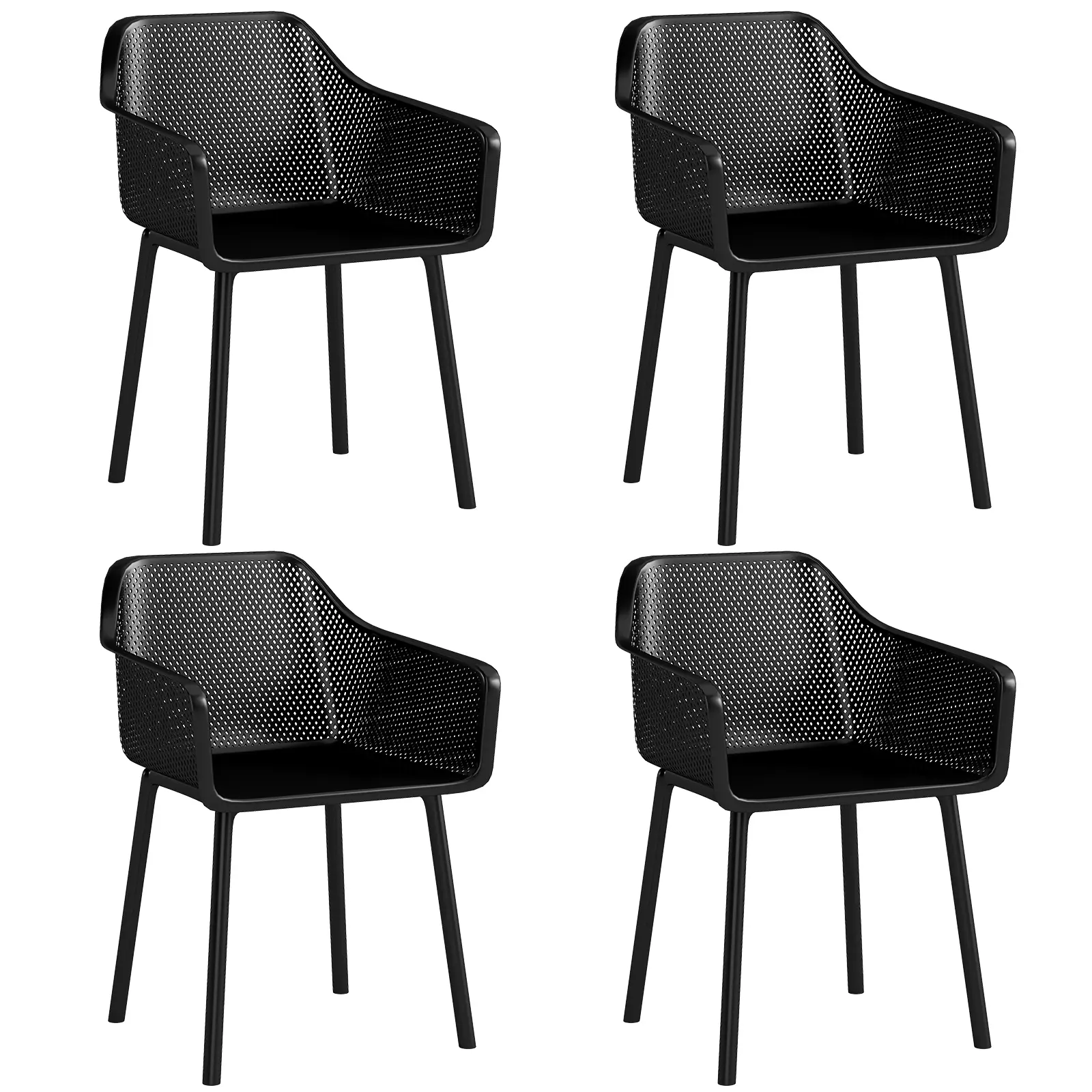 COSTWAY - Modern Plastic Dining Chairs Set of 4 Kitchen Armchairs with Breathable Mesh Backrest-Black