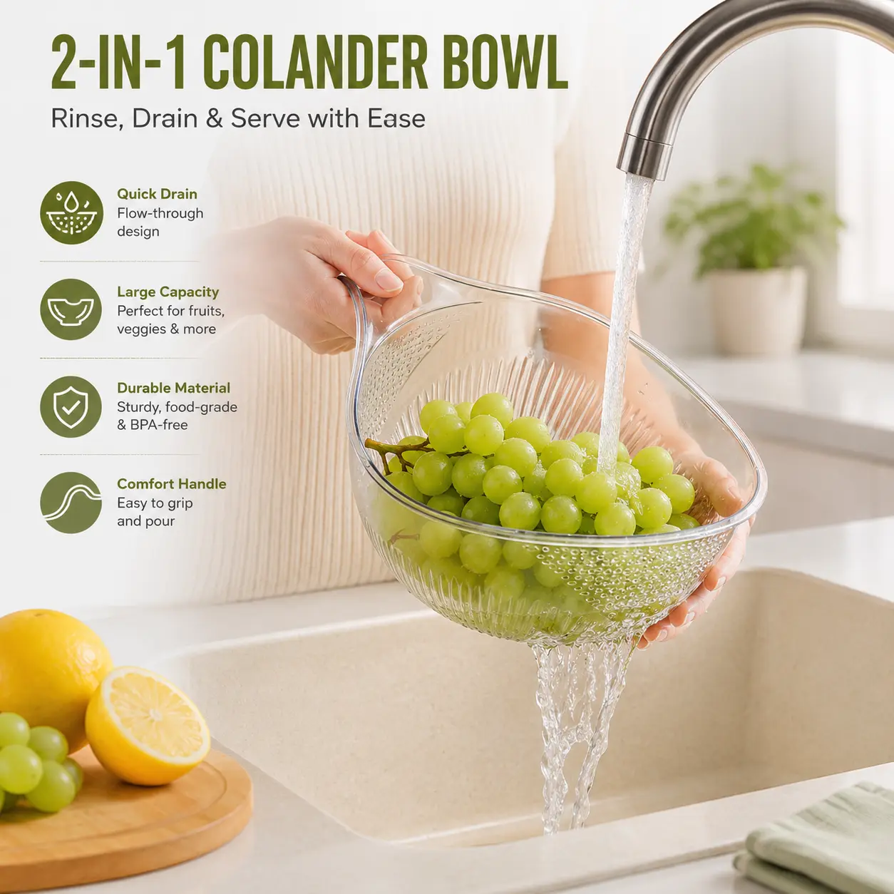 1 Count, Transparent Kitchen Strainer Basket with Fine Drain Holes and Comfortable Handle, for Rinsing Rice, Fruits and Vegetables