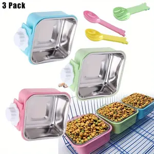 3PCS Crate Dog Bowl Hanging Cage Food Bowl Stainless Steel Removable Pet Food Spoon Water Feeder Bowls Coop Cup for Puppy Cat Bird Rabbit