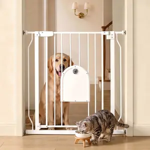 CAVEEN 29.5-33.4" Pet Gate with Adjustable Cat Door, Extra Wide Metal Cat Gate for Stairs Doorways, Auto Close Dog Gate with Pet Door for House, Pressure Mounted Easy Walk Through, (30" Tall, White)
