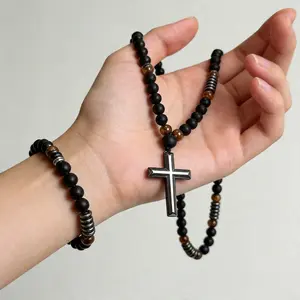 Black Onyx Hematite 8mm  and Tiger Eye Beaded Necklace with  60CM 20CM Cross Bracelet Set Triple Protection Religious Jewelry for Anxiety Relief
