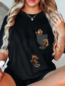 100% Cotton Unisex Cute Little Squirrel Playing, Climbing in Pocket, Chipmunk Round Neck Short Sleeve T-Shirt Women's Men Graphic Tee
