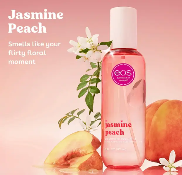eos Cashmere Body Mist, Jasmine Peach, Body Spray for Women, Hair Mist, Floral Perfume, Moisturizing, Hyaluronic Acid, Glycerin, Vegan, Cruelty-free, 6 fl oz