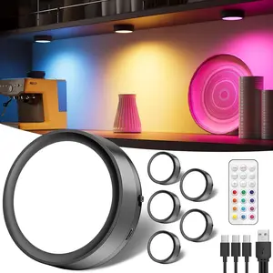 2400mAh USB Rechargeable RGB Puck Lights with Remote, Color Changing Battery Powered Tap Light Classroom Magnetic Touch Push Shower light Stick On Closet lamp Wireless LED Shelf Lighting Bathroom Kitchen Counter Under Cabinet Lights