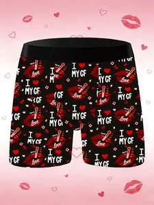 Men's Fun Briefs I Love My GF Lipprint Print, Breathable Sweat-Wicking, Soft Skin-Friendly, Casual Fitted Underwear, Street Style Underwear, Valentine's Gift