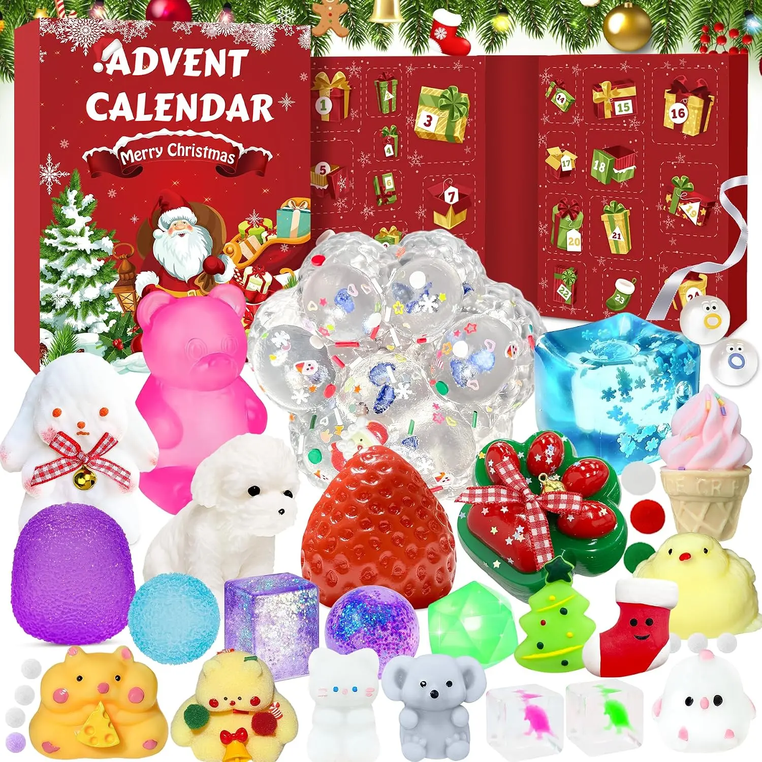 2026 Squishy Advent Calendar - 24 Days of Surprises Fidget Toys Box, Festive Christmas Countdown Gift for Sock Stuffing