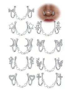 3 Pcs U-Shaped Nose Clip Cz Butterfly Heart Design, Stainless Steel Chain, Non-Piercing Nose Ring Jewelry Nose Cuff for Women, All Seasons Wear, Body Jewellery