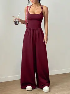 Three Colors Wine Backless Cross Strap Wide Leg Jumpsuit, Casual Slimming Long Pants for All Seasons