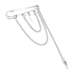 Cross Pendant Badge Pin Double Chain Brooch Punk Suit Lapel for Women Men