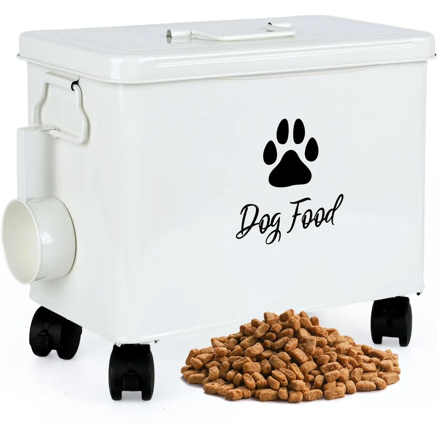 Dog Food Container 13lb, Cute Airtight Pet Food Storage Containers with Metal Lid Scoop, Black Metal Storage Bin for Dog/Cat with Wheels,Easy to Move White lick ball bowl