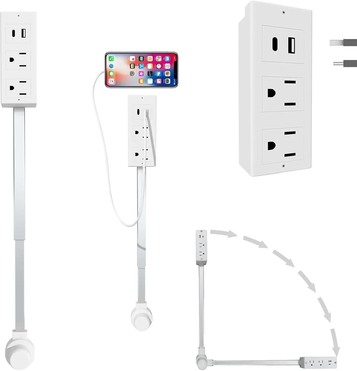 Power Socket Expander 180° Rotating Outlet Extender with 17"-27" Adjustable Extension Cord 2 AC Outlets + USB-A/USB-C Fast Charging Fire-Resistant & Overload Protection for Tight Spaces Behind Couches Beds Desks