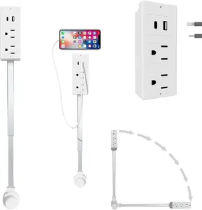 Power Socket Expander 180° Rotating Outlet Extender with 17"-27" Adjustable Extension Cord 2 AC Outlets + USB-A/USB-C Fast Charging Fire-Resistant & Overload Protection for Tight Spaces Behind Couches Beds Desks