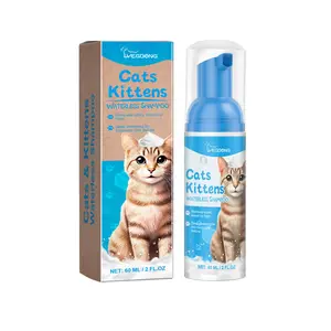 Waterless Cat Cleaning Mousse Foam, 60 mL Moisturizing Shampoo for Cats, Gentle Non-Irritating Formula with Sodium Cocaminopropionate & Decyl Glucoside, Oil-Removing, Travel-Friendly Daily Grooming Product