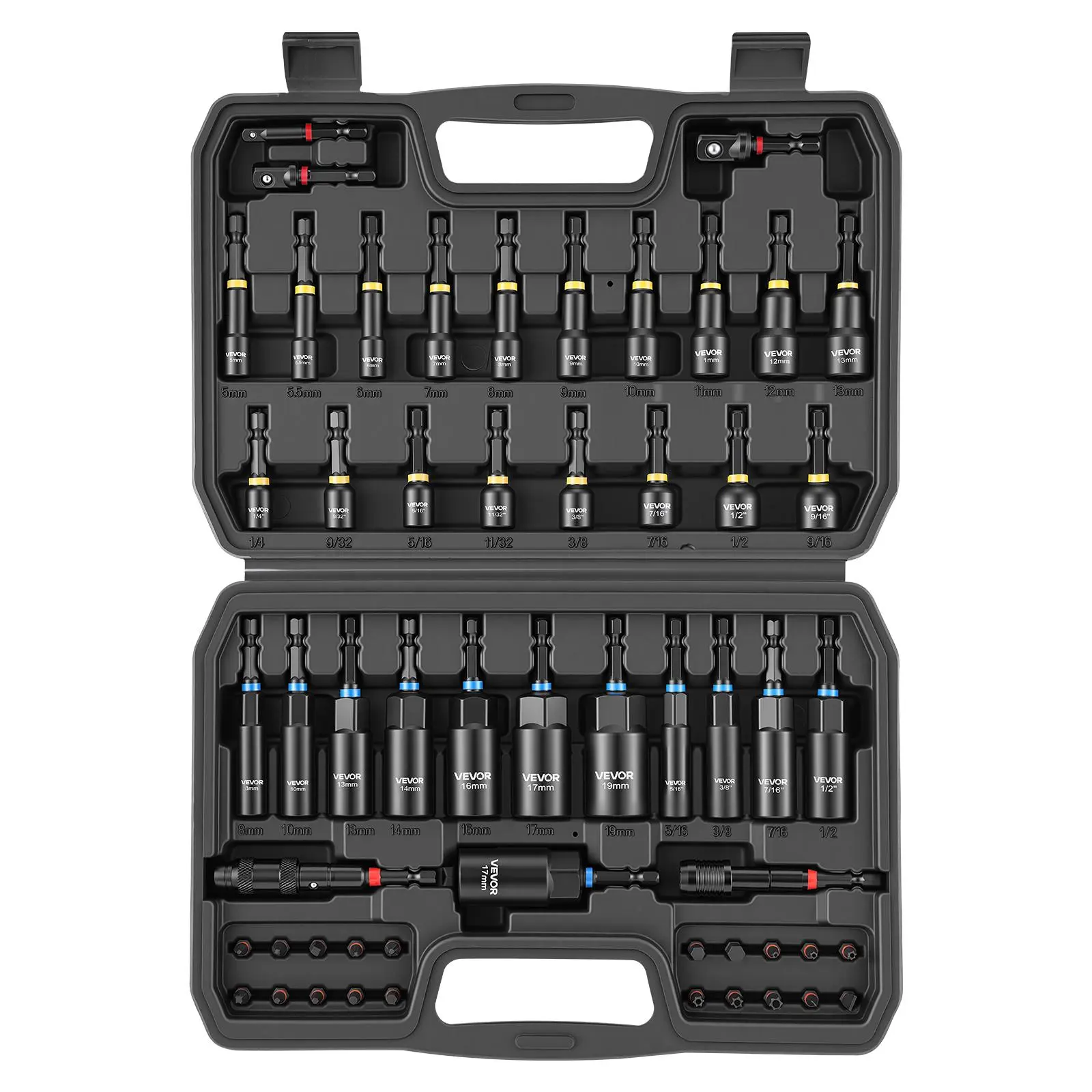 【BackToSchool】VEVOR 55PCS High Quality Hardware Work Tools Set with Magnetic Impact Nut Driver, Metric & SAE Sizes, Socket Adapters, Bit Holder Adapter, Wing Nut Tool, Pivoting Nutsetter, Quick Release Extension, Power Bits, Storage Box, Multi Nut Driver
