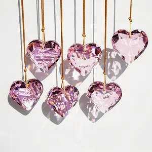 Set of 6 pink heart-shaped crystal ornaments, Valentine's Day heart decorations, rainbow-colored hanging crystal pendants, suitable for window and wedding decorations.