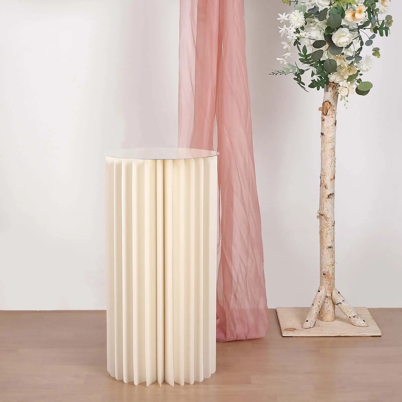 32" Ivory Cylinder Pillar Pedestal Cake Stand - Decor Display Column with Top Plate for Home Supplies, Parties, Wedding Event Decor, Celebration