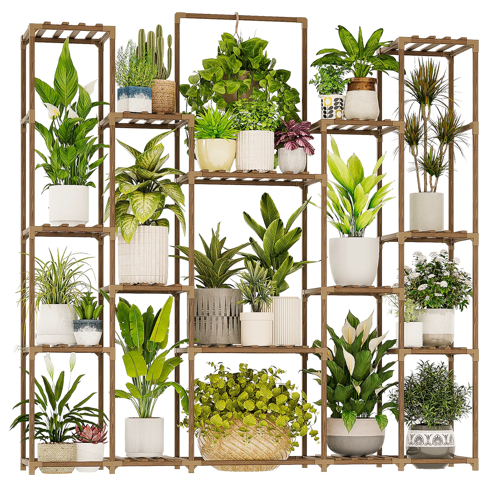 Bamworld Carbonized Wood Freestanding Elevated Planter with Legs Racks - 17-Pot Large Capacity, 15.3in Upgraded Wide Shelves, Durable, Easy Setup, Indoor Outdoor Flower Pots & Planters for Living Room Patio