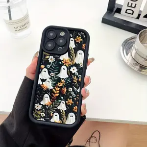 Ghost & Flower Pattern Phone Case, Anti-drop Phone Protective Cover, Phone Accessory Compatible with iPhone 15 14 13 12 11 Pro Max X XS Max