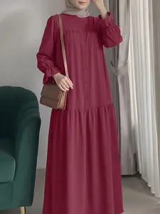 Women's Solid Color Loose Fit Dress, Long Sleeve Ruffle Hem Lantern Sleeve, Casual Spring & Fall Long Dress, Comfortable and Stylish, Modest Dress