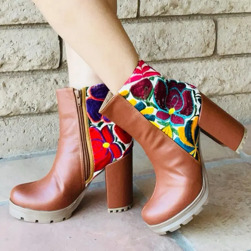 Beautiful Embroidered Boot - Handmade in Mexico, Floral Design, Cuban Heel, Casual & Formal, Mexican boot  Women