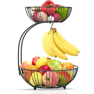 Fruit Basket For Kitchen Counter - Fruit Basket With Banana Hanger - Double Layer Metal Wire Fruit Bowl For Countertop - Fruit Holder For Produce, Vegetables