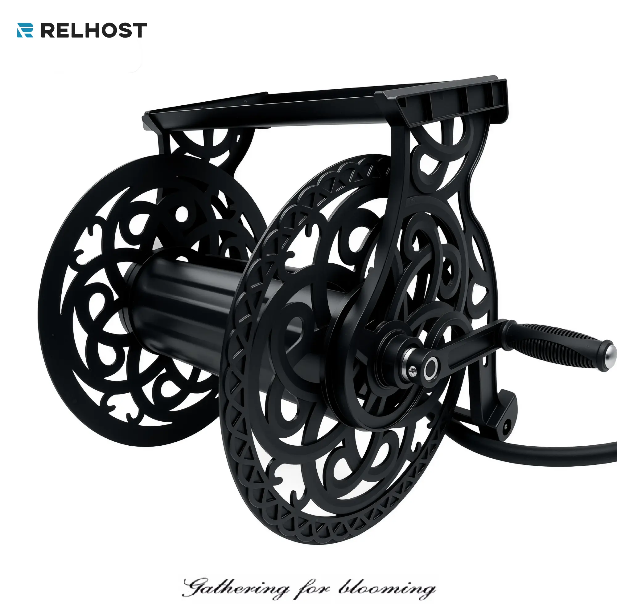 Rustproof Garden Hose Reel Wall Mount, Cast Aluminum Decorative Hose Holder, Holds up to 135 ft of 5/8 inch Hose, Never-Leak System & Easy Assembly, for Backyards and Gardens - Black